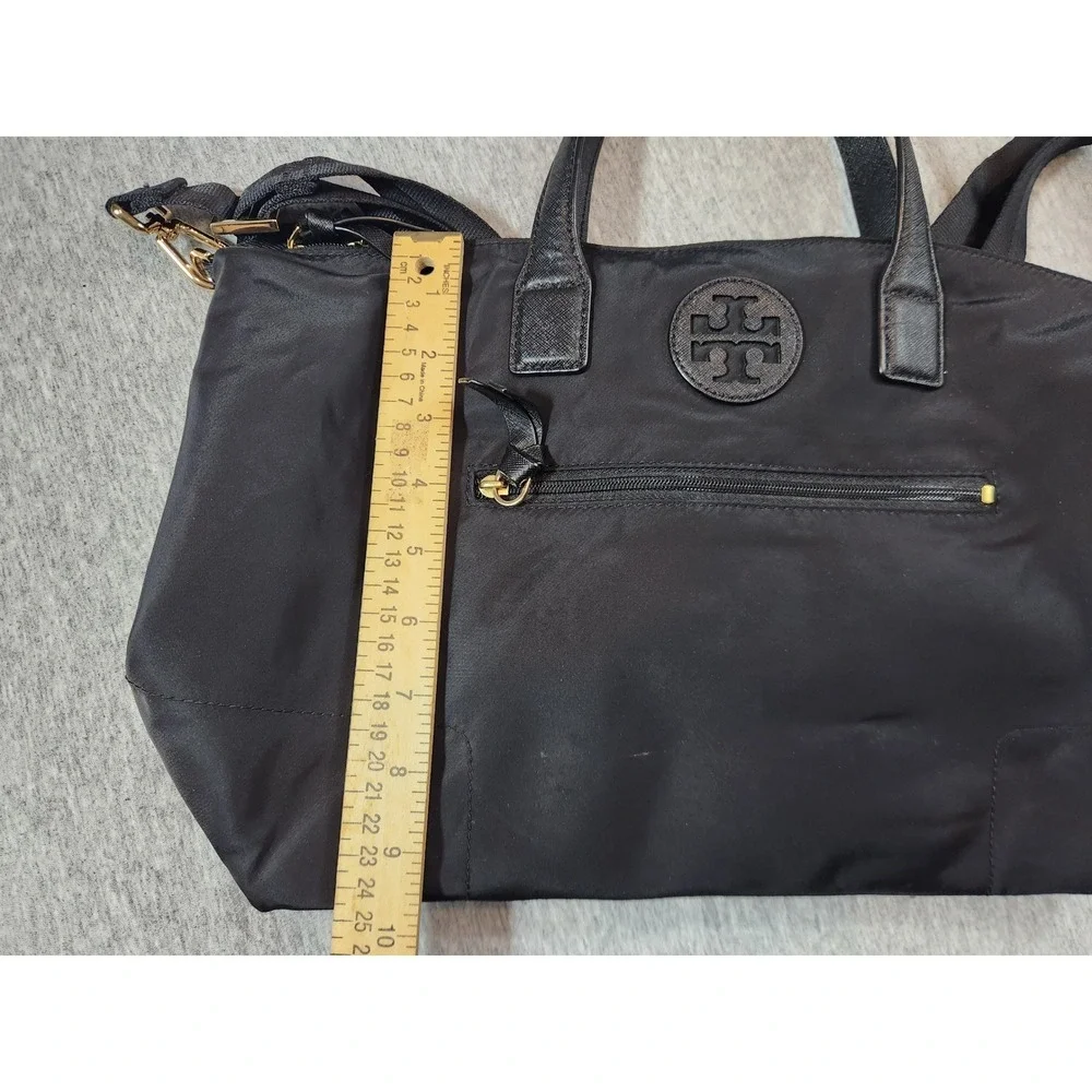 Tory Burch Ella Tote Bag Womens Medium Black Nylon Saffiano Crossbody Strap